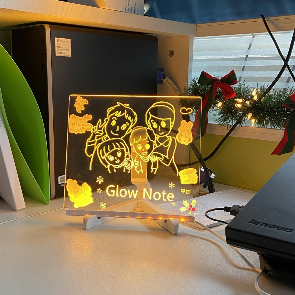 LED sign with family illustration on a desk next to a Lenovo laptop