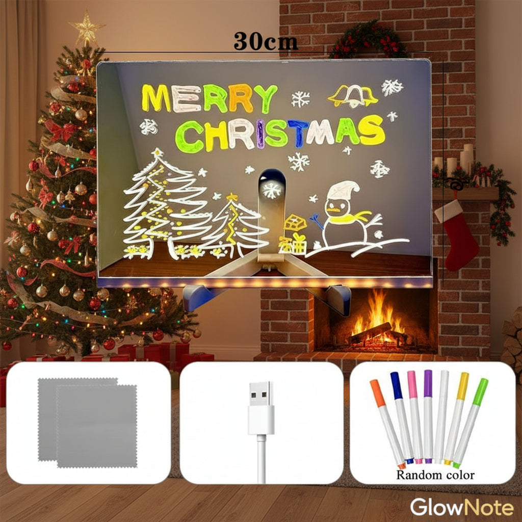 Christmas-themed light-up board with markers and cleaning cloth on a white background with my logo GlowNote on the bottom right