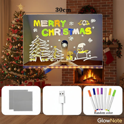 Christmas-themed light-up board with markers and cleaning cloth on a white background with my logo GlowNote on the bottom right
