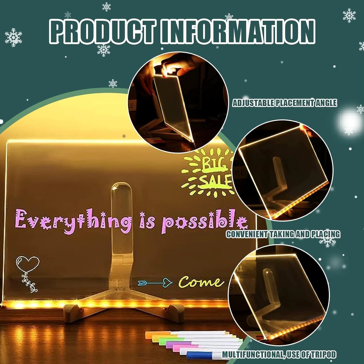 LED sign with motivational quote and adjustable stand on a dark background